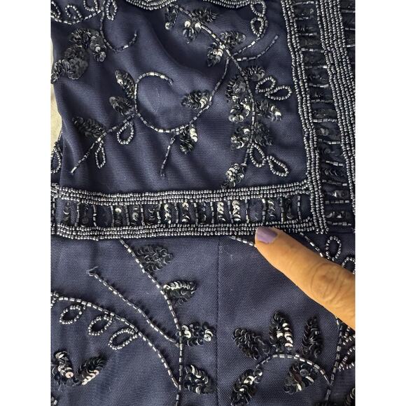 Adrianna Papell Women’s 10 Navy Beaded Sequin Mesh Formal Maxi Evening Gown - Picture 12 of 16